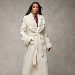 Women’s Long Dress Coat with Faux Fur Trim